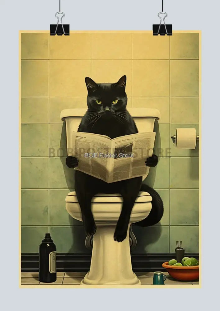 Black cat poster with glossy fur and green eyes on white toilet seat reading newspaper for funny animal bathroom decor
