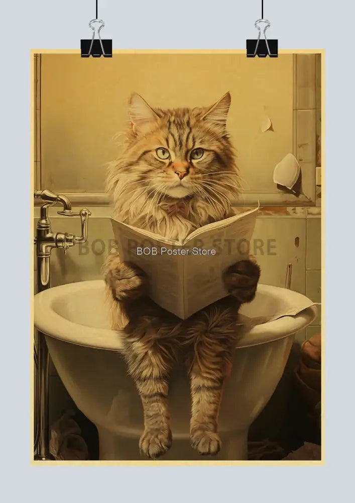 Decorbites™ funny animal bathroom poster featuring a fluffy tabby cat with green eyes reading in a white bathtub for home decor