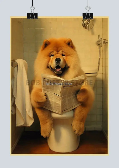 Fluffy orange chow chow dog poster with paws holding a newspaper sitting on toilet for funny animal bathroom home decor