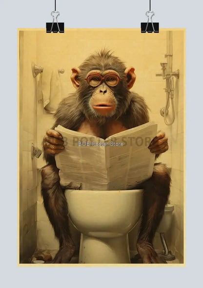 Decorbites™ funny animal bathroom poster featuring a vintage chimpanzee reading newspaper for home decor