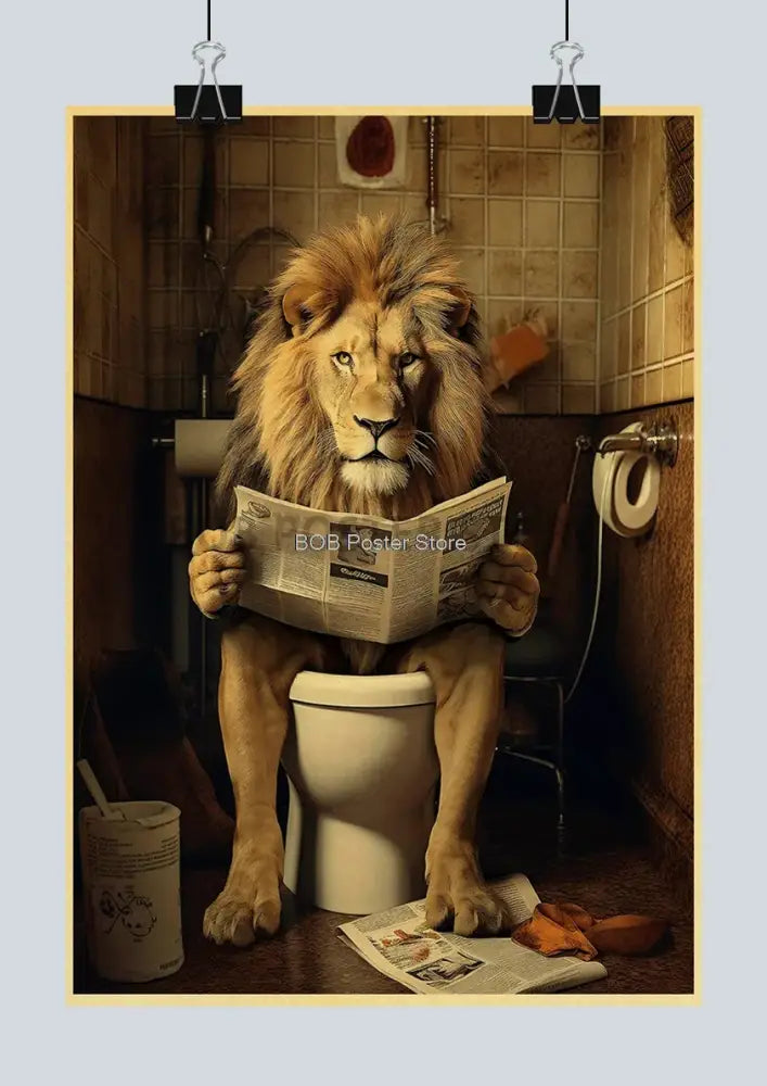 Decorbites™ funny animal bathroom poster of a realistic golden-brown lion sitting on a toilet for home decor