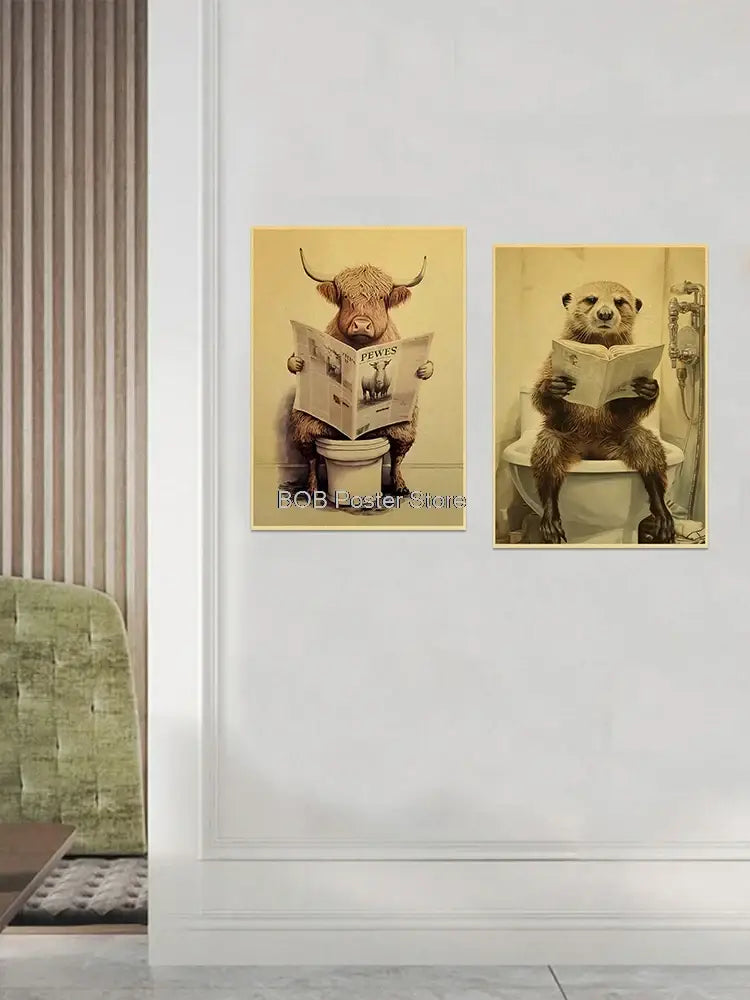 Two vintage-style sepia-toned animal bathroom posters featuring a highland cow and otter for funny animal bathroom home decor