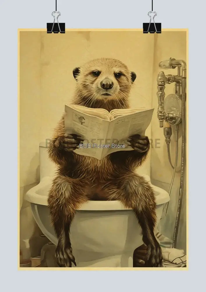 Vintage-style funny animal bathroom poster featuring a brown-furred otter on a toilet holding a newspaper for home decor