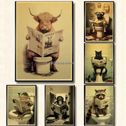 Vintage-style framed poster of a highland cow reading a newspaper on a toilet for funny animal bathroom home decor