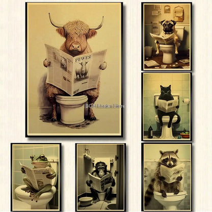 Vintage-style framed poster of a highland cow reading a newspaper on a toilet for funny animal bathroom home decor