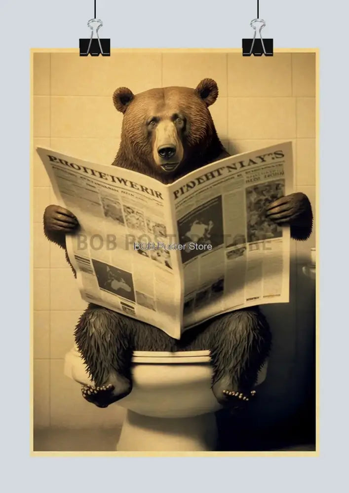 Vintage-style sepia animal bathroom poster featuring a brown bear reading newspaper for funny home decor