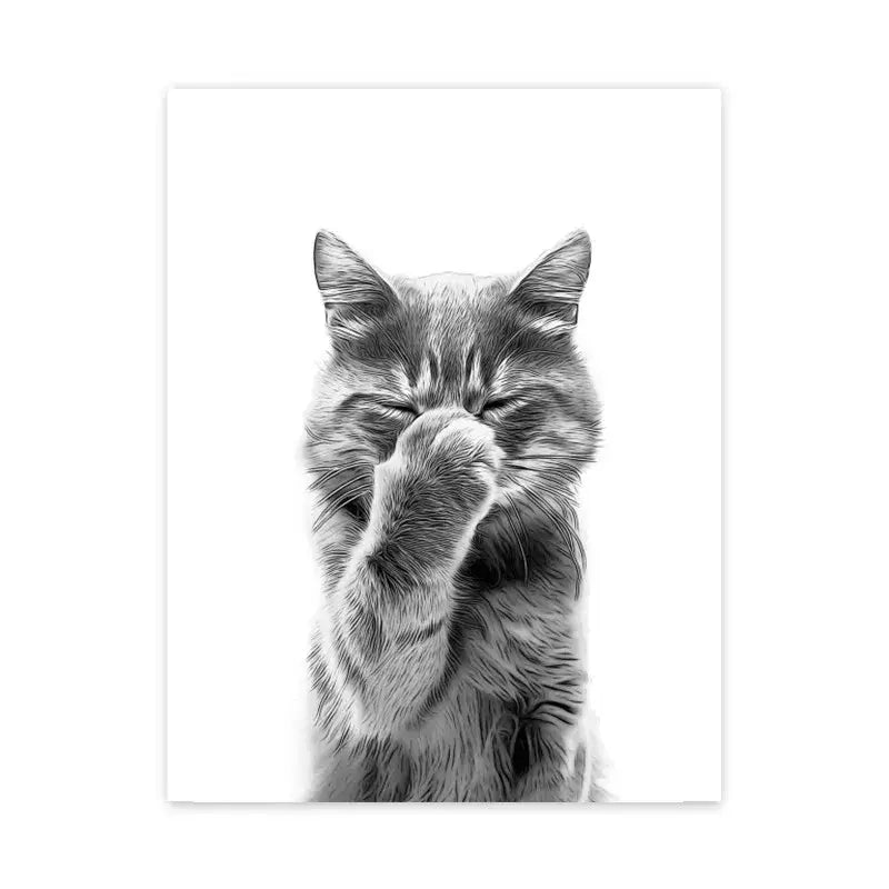 Black-and-white illustrated bathroom poster wall art featuring a fluffy tabby cat with paw covering one eye by decorbites