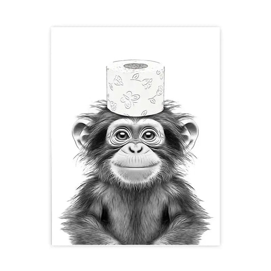 Black-and-white illustrated bathroom poster featuring a baby chimpanzee balancing floral toilet paper on its head for funny animal bathroom wall art