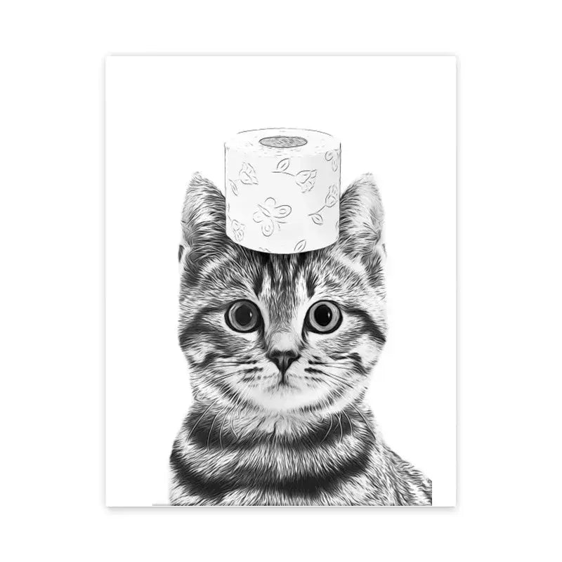 Black and white illustrated bathroom poster wall art of a tabby kitten balancing toilet paper on its head from decorbites