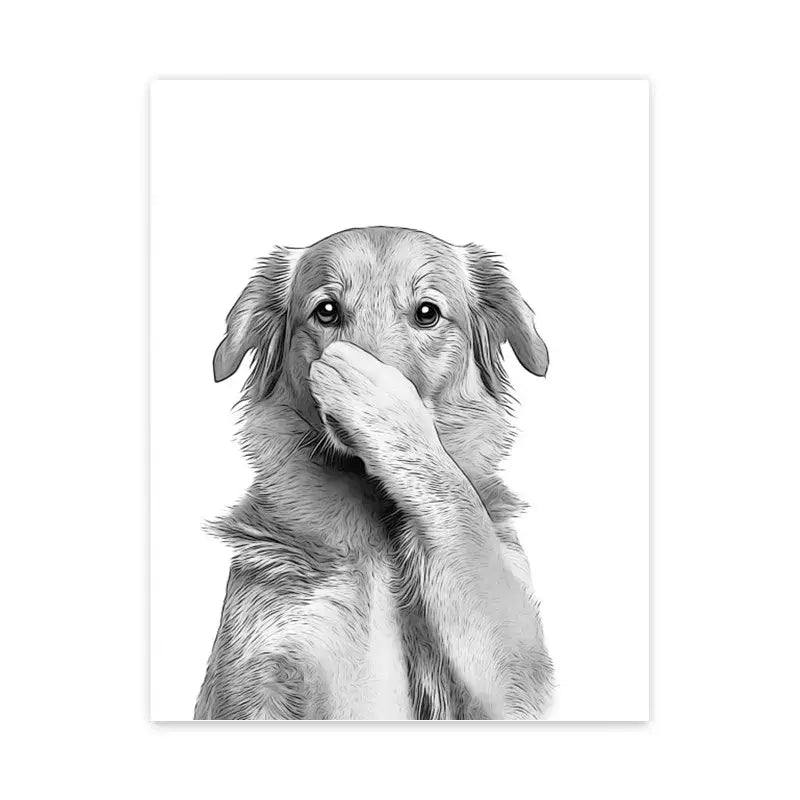Decorbites™ funny animal bathroom poster wall art featuring black and white illustration of dog with floppy ears covering mouth