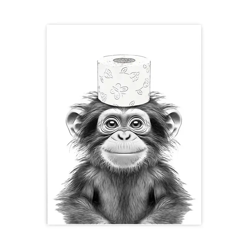 Black-and-white illustrated bathroom poster featuring a baby chimpanzee balancing floral toilet paper for wall art decor
