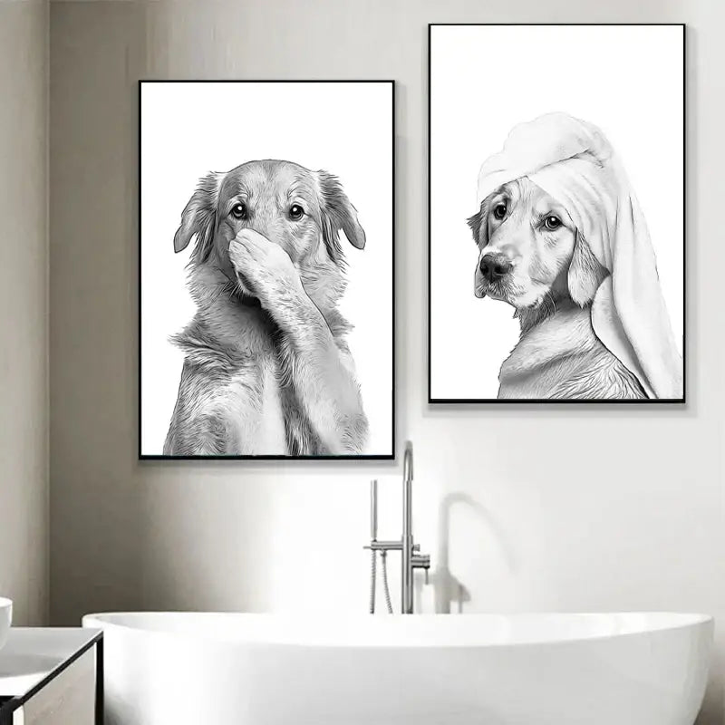 Two black-and-white framed dog portraits as funny animal bathroom poster wall art above a white bathtub