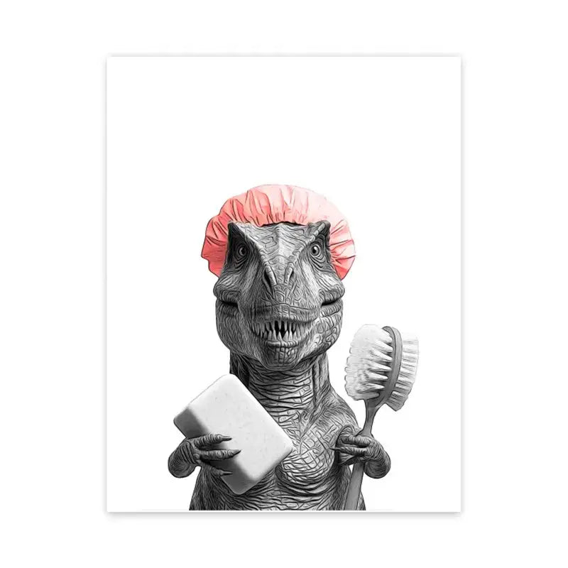 Whimsical black and white t rex bathroom poster wall art with pink shower cap holding toothbrush and soap bar decorbites