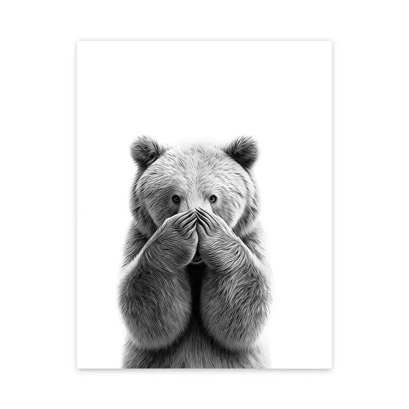 Black-and-white bear print with paws covering mouth on DecorBites™ canvas wall art for bathroom wall decor