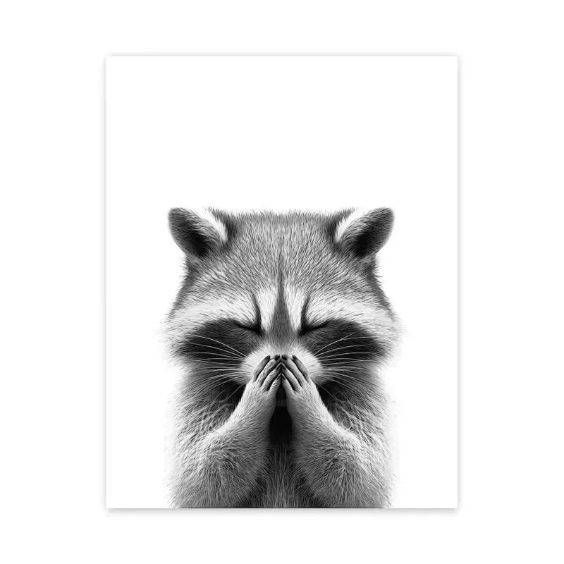 Black and white photographic print of a raccoon covering its face on canvas wall art for bathroom wall decor