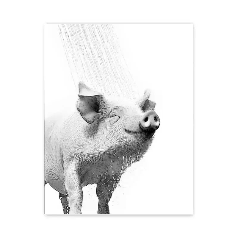 Black-and-white illustrated pig shower wall art canvas print for bathroom wall decoration by DecorBites™