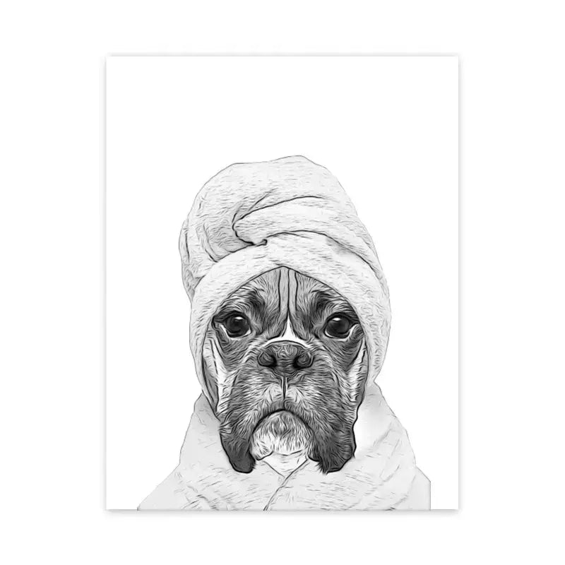 Black-and-white illustrated boxer dog wrapped in towel decorbites™ bathroom wall art canvas print
