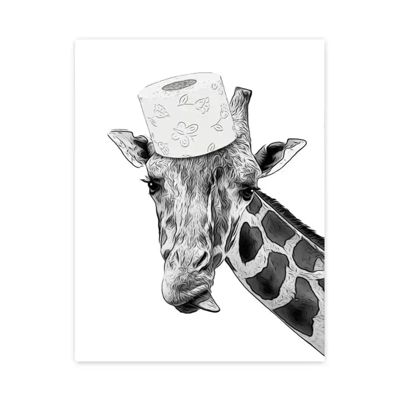 Decorbites™ black and white wall art canvas print of a giraffe wearing a floral toilet paper hat featuring cat giraffe dog design