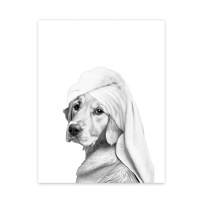 A detailed black and white pencil sketch of a golden retriever puppy on a decorbites bathroom wall art canvas print