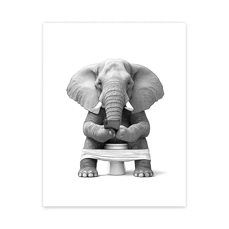 Detailed black and white DecorBites™ canvas wall art featuring an elephant on a toilet holding a smartphone for bathroom wall use