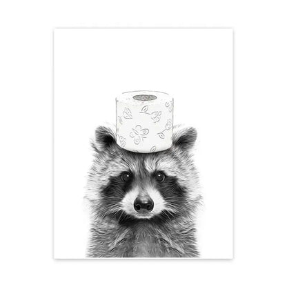 Black-and-white illustrated raccoon wearing toilet paper roll on head wall art for funny animal bathroom decor