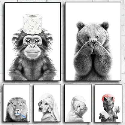 Set of six black-and-white framed prints featuring funny animal bathroom wall art with whimsical humorous scenes