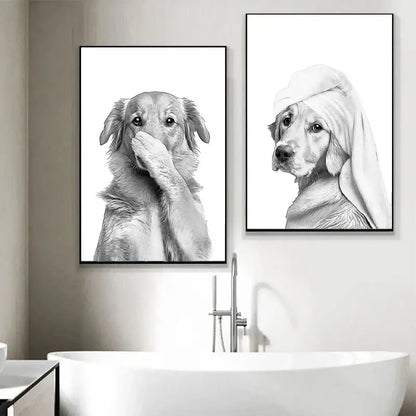 Two black-and-white framed dog portraits as funny animal bathroom wall art print above a white bathtub by DecorBites