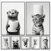 Black and white framed wall art featuring funny animals like otter tiger cub and kitten with toilet paper for bathroom home