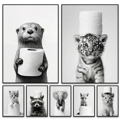 Black and white framed wall art featuring funny animals like otter tiger cub and kitten with toilet paper for bathroom home