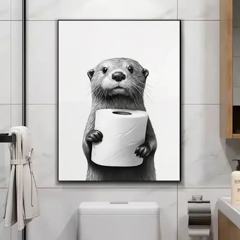 Black and white framed wall art featuring a funny animals otter holding toilet paper for bathroom home decor