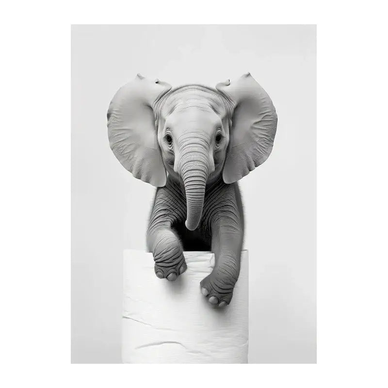 Black-and-white baby elephant print wall art from DecorBites™ featuring funny animals for bathroom home decor