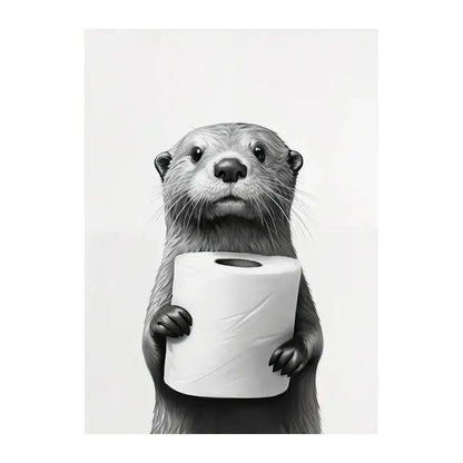 Black-and-white illustrated otter holding toilet paper in decorbites™ funny animals canvas wall art for bathroom home