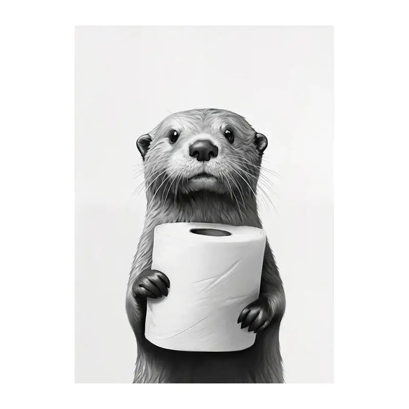 Black-and-white illustrated otter holding toilet paper in decorbites™ funny animals canvas wall art for bathroom home