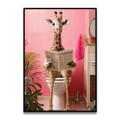 DecorBites™ funny canvas wall art of a giraffe sitting on a toilet reading a newspaper in a pink bathroom