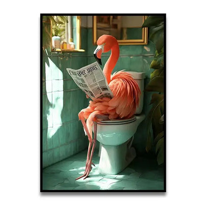 Decorbites™ funny bathroom cat reading canvas wall art featuring a vibrant pink flamingo perched on a toilet