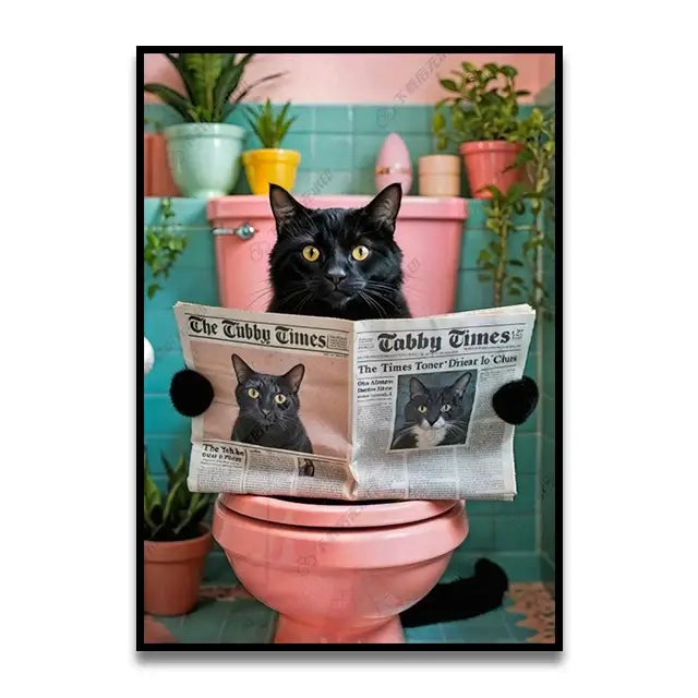 Black cat with yellow eyes holding a newspaper on pink toilet featured in decorbites™ funny cat canvas wall art