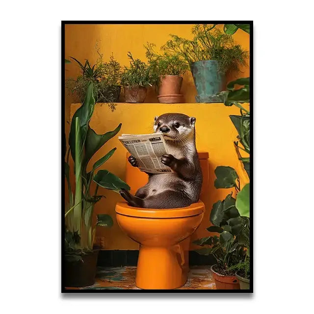 Decorbites™ funny cat bathroom canvas wall art featuring a cartoon otter on an orange toilet with plants on a yellow wall
