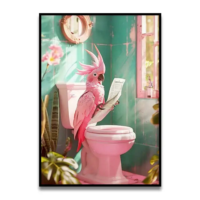 Decorbites™ funny cat bathroom canvas wall art featuring a pink parrot perched on toilet holding newspaper