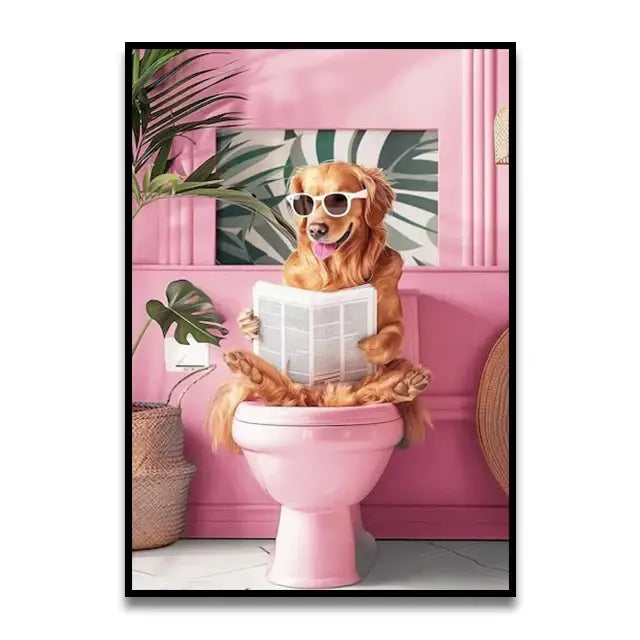 Decorbites™ funny cat bathroom canvas wall art featuring a pink toilet with a golden retriever wearing sunglasses holding a newspaper