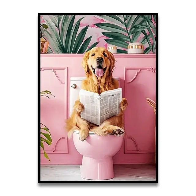 Decorbites™ funny cat bathroom canvas wall art featuring a golden retriever sitting on a pink toilet reading a newspaper