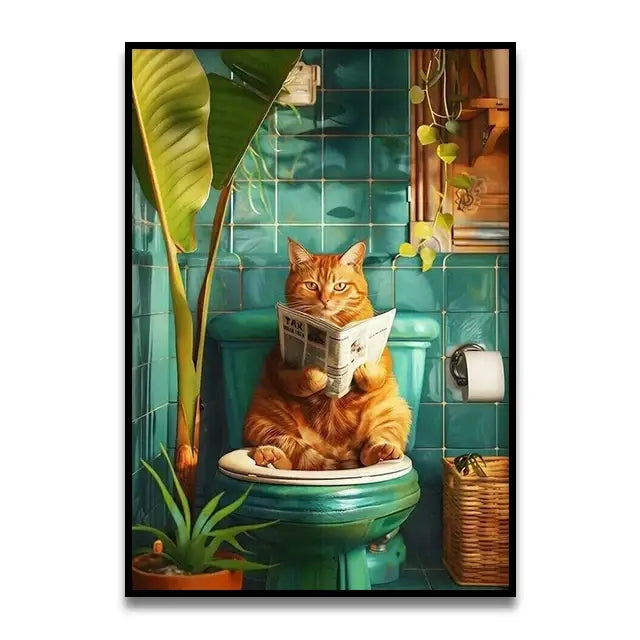 Decorbites™ funny cat bathroom canvas wall art featuring a vibrant orange tabby sitting on a teal toilet reading newspaper