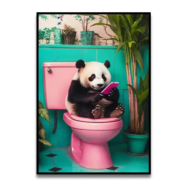 Whimsical canvas wall art of a black and white panda on a pink toilet using a bright pink smartphone by decorbites