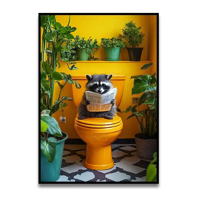 A whimsical decorbites funny cat bathroom canvas wall art featuring a raccoon on an orange toilet reading a newspaper