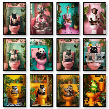 Decorbites™ funny cat bathroom wall art poster featuring whimsical animals reading newspapers on colorful toilets