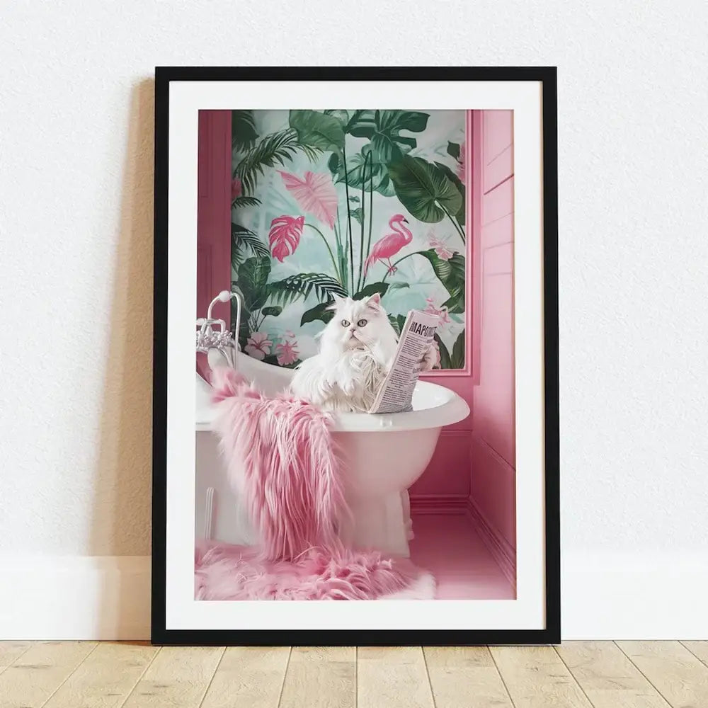 A framed decorbites™ funny cat bathroom wall art print featuring a fluffy white cat in a pink bathtub with tropical foliage and flamingos