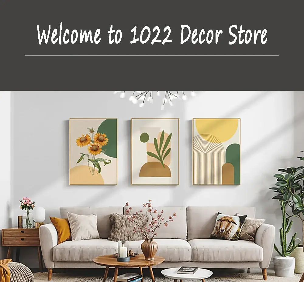Set of three framed abstract wall art prints with botanical and geometric designs in earthy tones by decorbites™