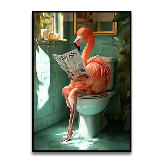 DecorBites™ funny cat bathroom wall art print featuring a vibrant pink flamingo perched on a toilet reading newspaper