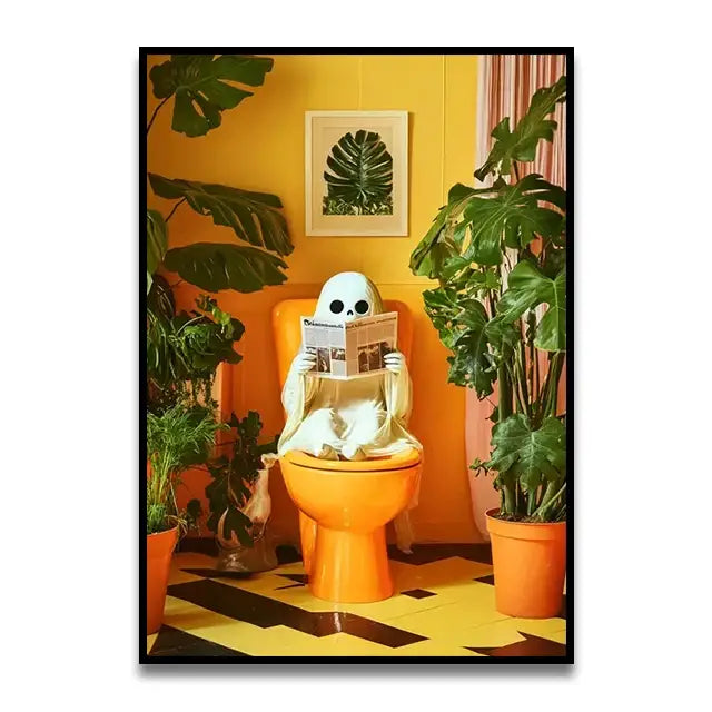 A whimsical ghost figurine with a white skull-like face on an orange toilet bowl featured in decorbites™ funny cat wall art print