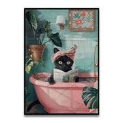 DecorBites™ funny cat reading canvas wall art featuring a black cat in a pink bathtub with a bow headband