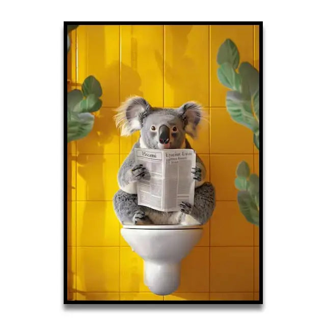 Decorbites™ funny cat reading canvas wall art featuring a gray koala reading on a toilet against a yellow tiled wall
